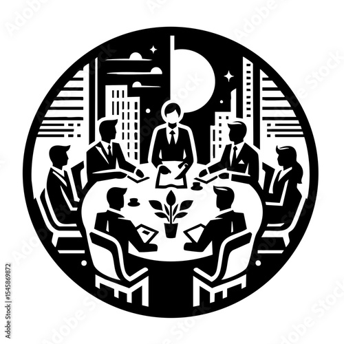 Group of businesspeople with a focused mood having a meeting in a boardroom at night against a cityscape background