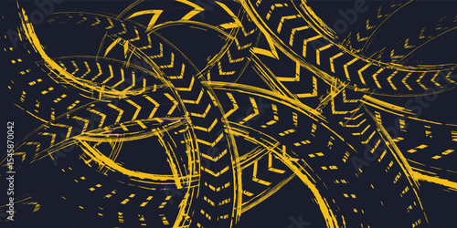 Tire trace track. Abstract wheels braking distances, tread silhouettes brushes. Isolated car or motorcycles vector trails.