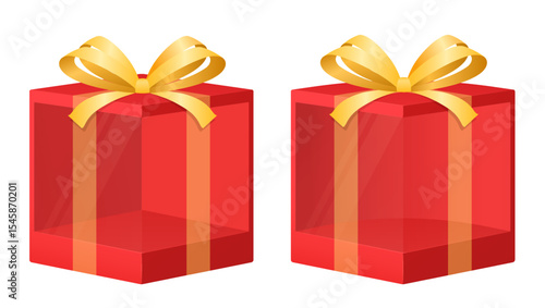 Empty red gift box with yellow bow. Festive packaging with clear glass and ribbon.