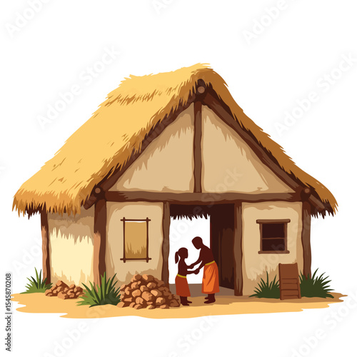Family building thatched roof hut using ancestral techniques.  Indigenous peoples construction project shows traditional dwelling and cultural heritage.  Scene depicts family working together,