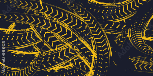 Tire trace track. Abstract wheels braking distances, tread silhouettes brushes. Isolated car or motorcycles vector trails.