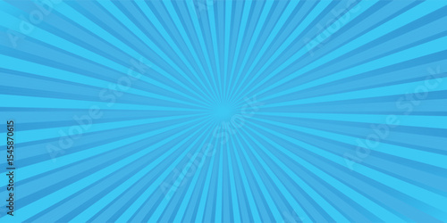 Comic background. Pop art texture. Starburst cartoon style. Anime design with explosion effect for print. Fun dot pattern. Blue backdrop with halftone gradient. EPS 10