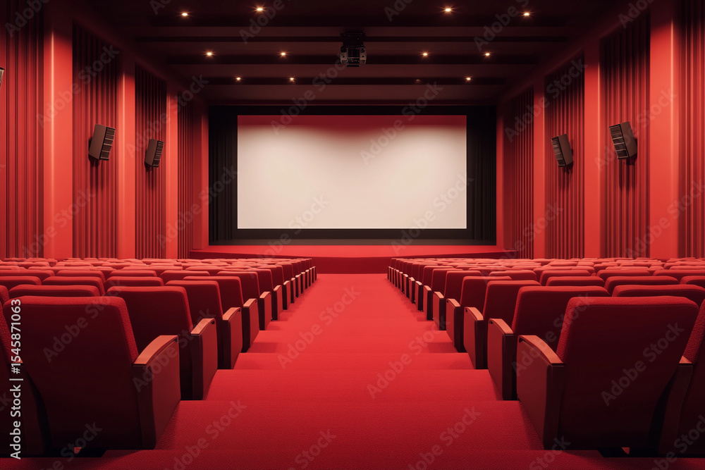 Fototapeta premium Empty movie theater red seats screen dark room