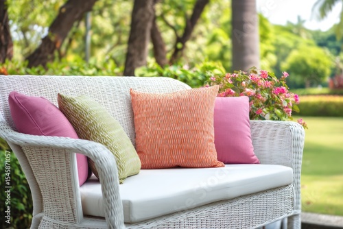 White wicker loveseat with colorful pillows sits outdoors in a lush green garden setting