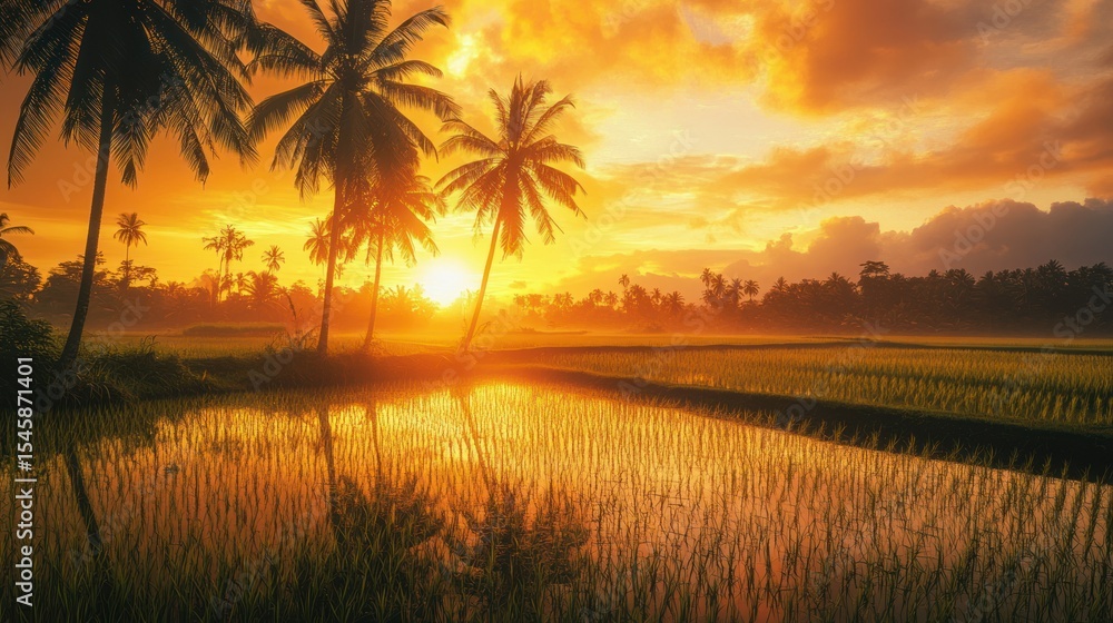 Obraz premium Sunrise over golden rice paddy field