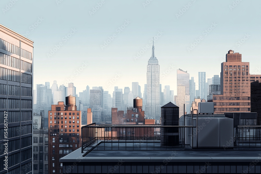 Fototapeta premium Rooftop view of a city skyline featuring tall buildings water towers and a famous skyscraper