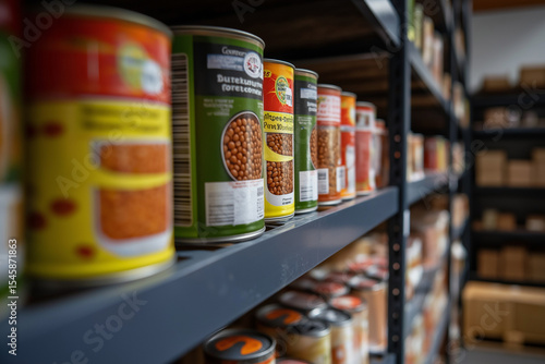 Storage shelves in a Trussell Trust local church food bank warehouse showing tins of baked beans and soup ready for food parcels