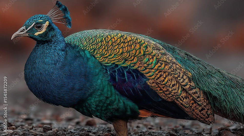 Obraz premium Realistic Photography of Peacock with Blue, Green, and Yellow Plumage on Ground: Natural Wildlife Art Display for Nature Education, Conservation Campaigns, and Artistic Decoration, Showcasing Vibrant 