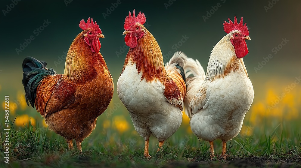Fototapeta premium Rooster and two hens on spring grass with blurred green background and sunlight. Vibrant rural style ideal for agricultural education, nature-themed designs, digital backgrounds, or wallpapers, ecolog