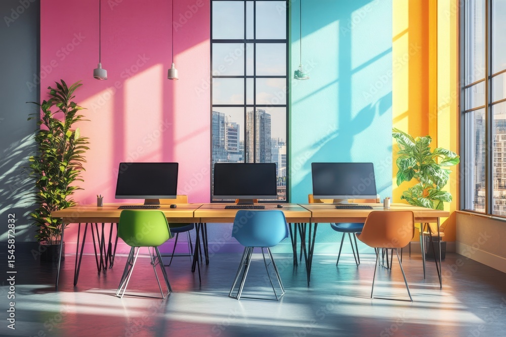 A colorful office with three desks and chairs, one of which is green. Colored coworking interior with pc computers in row and panoramic window. A colorful office with three desks and chairs, one of which is green. Colored coworking interior with pc computers in row and panoramic window.