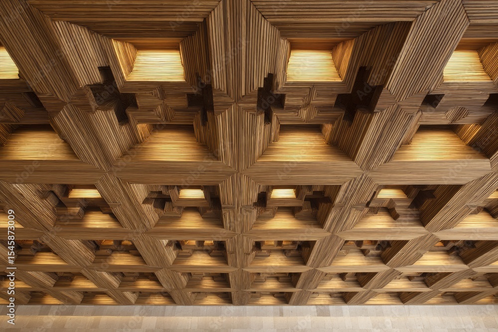 Obraz premium Intricate wooden ceiling with recessed lighting, creating a geometric, tessellated pattern of warm light and shadow