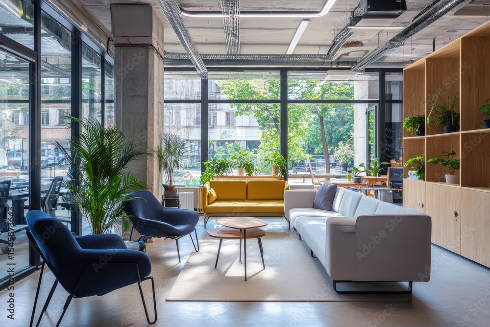 A large wooden table with many chairs around it is in a room with lots of plants. Coworking space in office room interior with furniture and window. A large wooden table with many chairs around it is in a room with lots of plants. Coworking space in office room interior with furniture and window.