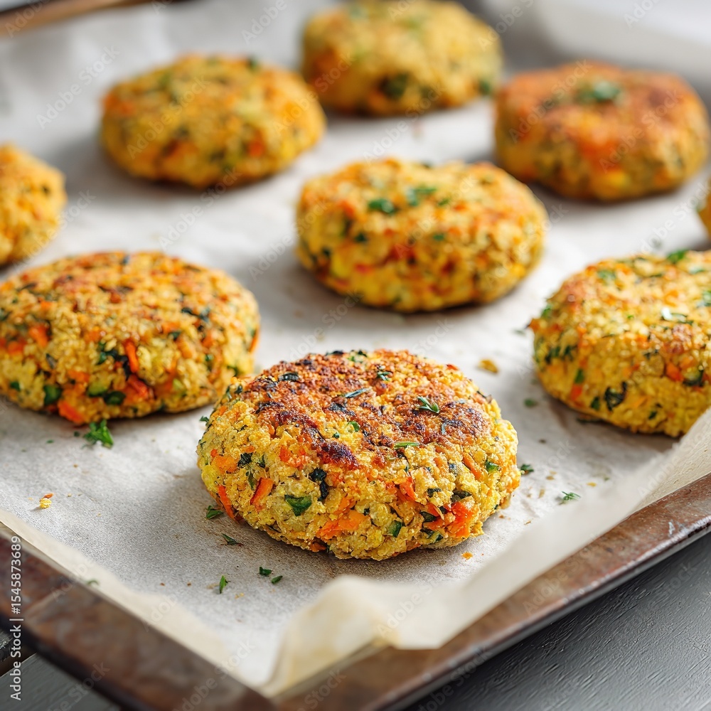 Fototapeta premium Delicious vegan veggie burgers recipe healthy homemade patties on baking sheet for meal prep ideas