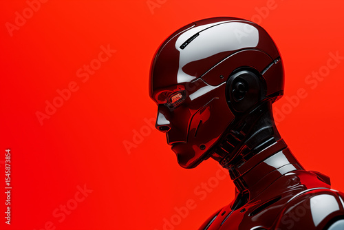 A futuristic humanoid robot with a glossy black and red surface.