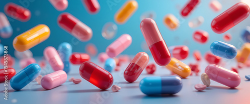 Colorful Pills and Capsules Floating on Blue Background, Pharmaceutical Design, Generative AI