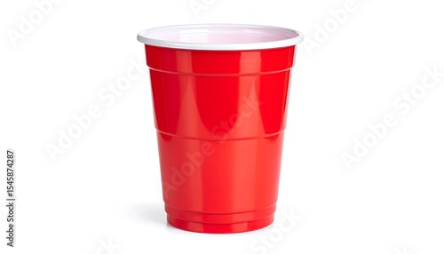 Red plastic cup isolated on white background.