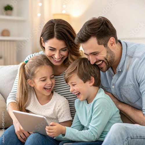 family sitting on sofa with laptop