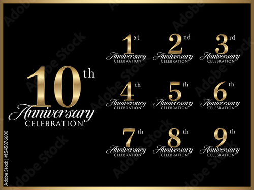 周年数字と記念日お祝い用のロゴデザインのゴールドバナーセット