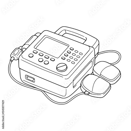 Medical defibrillator equipment with pads and cables for emergency use, isolated vector line drawing on transparent background  
