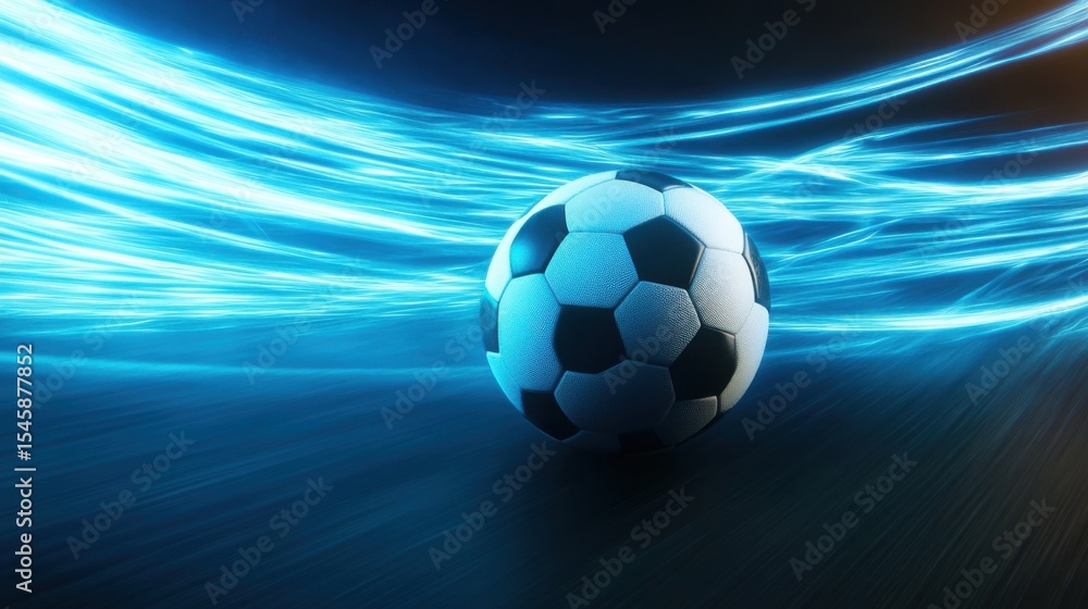 Naklejka premium Dynamic soccer ball with futuristic blue energy trails visual concept
