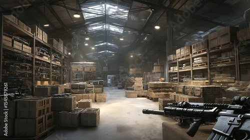 A well-organized weapons depot with rifles and ammunition