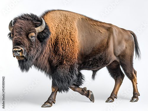 A magnificent American bison bull, a large wild mammal with brown fur and horns, is isolated on a white background