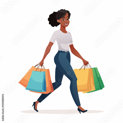 happy woman walking with shopping bags, vector illustration