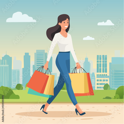 happy woman walking with shopping bags, vector illustration
