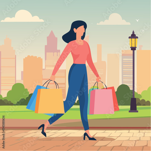 happy woman walking with shopping bags, vector illustration