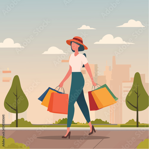 happy woman walking with shopping bags, vector illustration