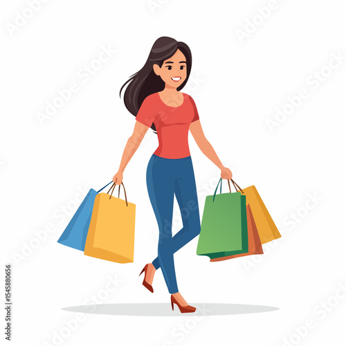 happy woman walking with shopping bags, vector illustration