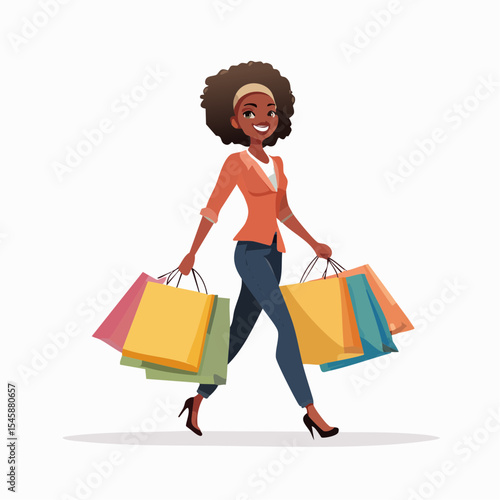 happy woman walking with shopping bags, vector illustration