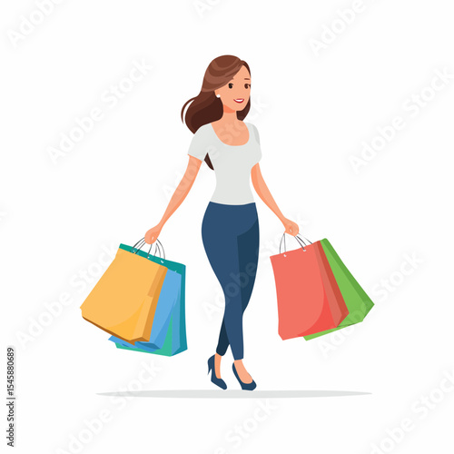 happy woman walking with shopping bags, vector illustration