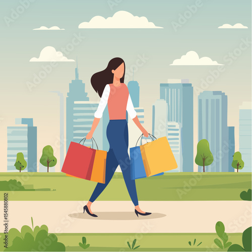 happy woman walking with shopping bags, vector illustration