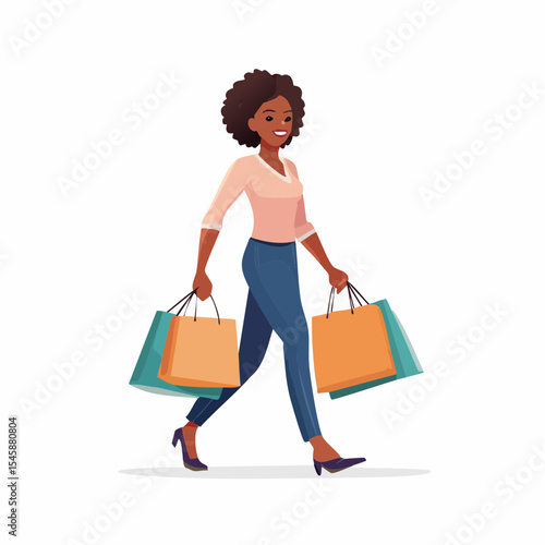 happy woman walking with shopping bags, vector illustration