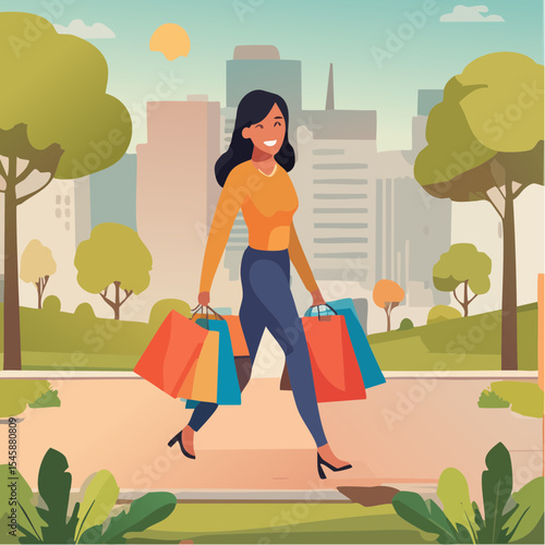 happy woman walking with shopping bags, vector illustration
