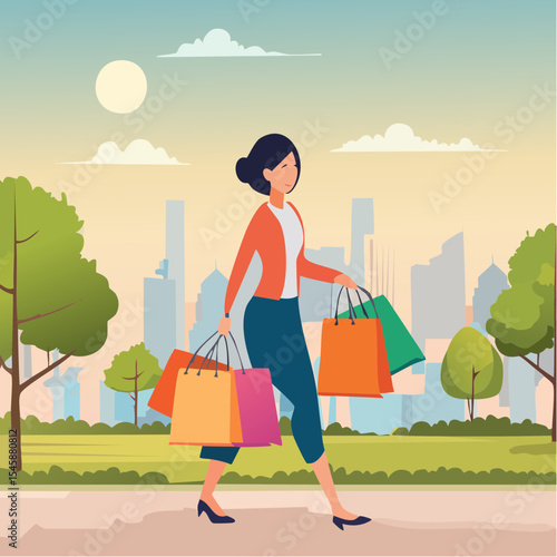 happy woman walking with shopping bags, vector illustration