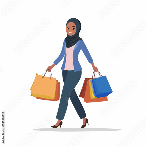 happy woman walking with shopping bags, vector illustration