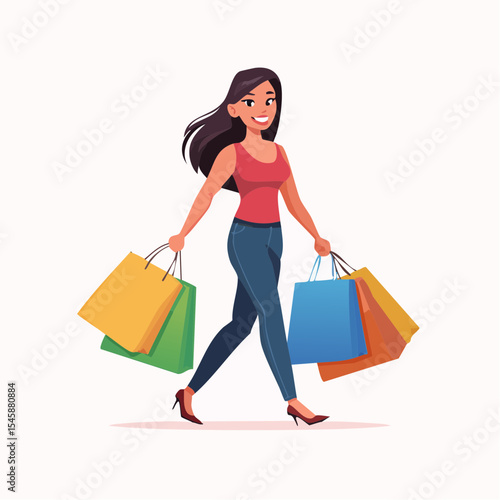 happy woman walking with shopping bags, vector illustration