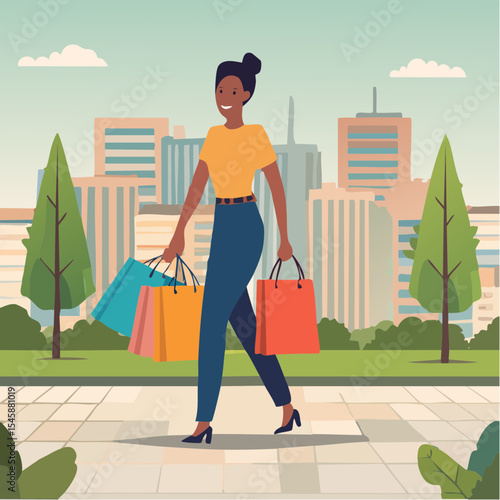 happy woman walking with shopping bags, vector illustration