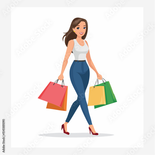 happy woman walking with shopping bags, vector illustration