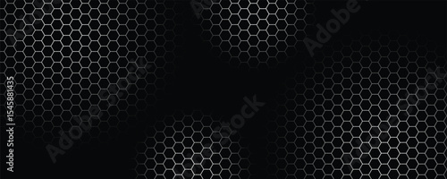 Dark hexagon abstract technology background with blue and green colored bright flashes under hexagon. Hexagonal gaming vector tech illustration black abstract background.