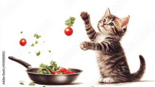 A cute chef cat in an apron cooking pasta in a cozy kitchen with floating ingredients and steam rising from the pot