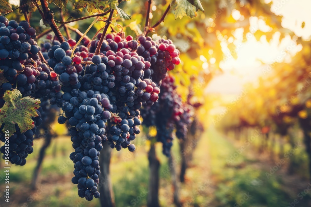 Fototapeta premium Ripe grape clusters hanging in a sunlit vineyard with green leaves and rows of vines stretching into the distance