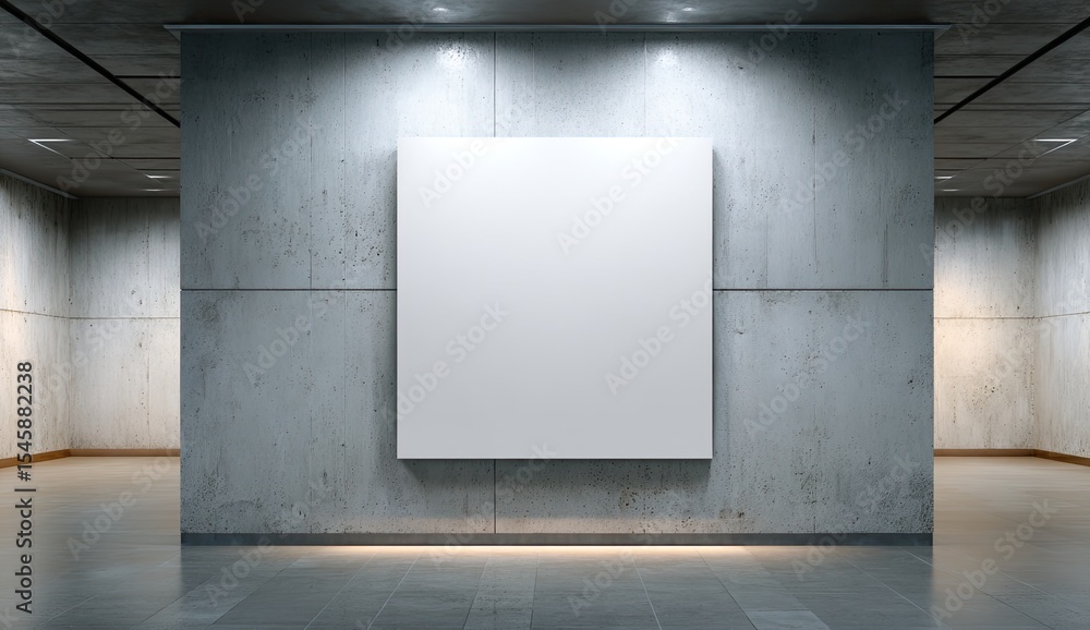 A large blank canvas hangs centrally on a textured concrete wall within a minimalist, dimly lit hallway A large blank canvas hangs centrally on a textured concrete wall within a minimalist, dimly lit hallway
