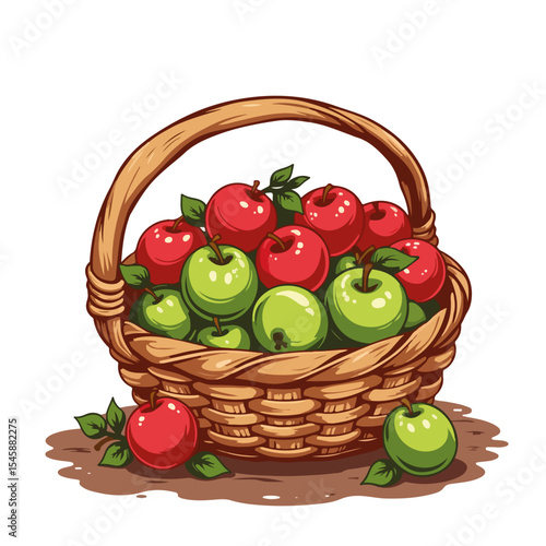 Basket full of red and green apples on rustic wooden table. Autumn equinox harvest features ripe apples in wicker basket. Fall foliage and cozy season concept for Thanksgiving or autumn celebrations.