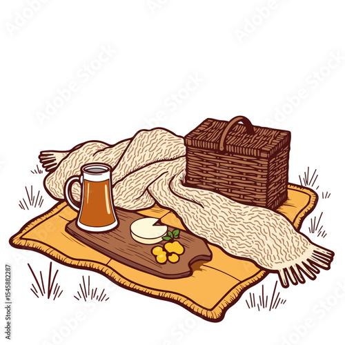 Cozy autumn picnic with knit blanket, cheese board, and hot cider.  Fall equinox celebration features warm tones and seasonal treats.
