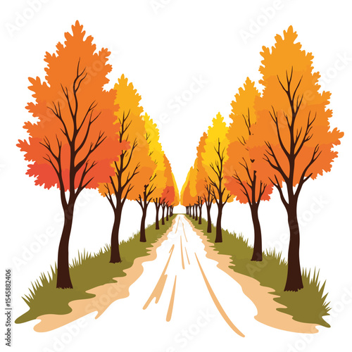 Country road lined with trees displaying early fall colors. Autumn equinox arrives with vibrant foliage along scenic path.