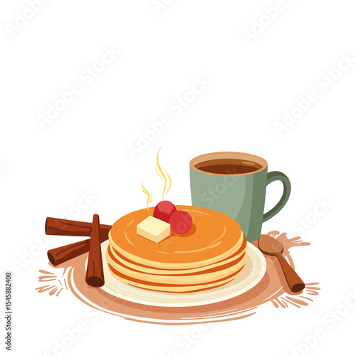 Cozy autumn morning scene with pancakes, cinnamon sticks, and tea. Autumn equinox breakfast includes delicious pancakes with butter, cherries, and warm tea. Perfect fall image for seasonal menus,
