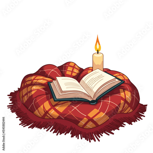 Cozy reading nook with plaid blanket, lit candle, and open book. Autumn equinox scene with warm tones and a book resting on a soft blanket.  Perfect image for fall greeting cards, autumn blog posts,